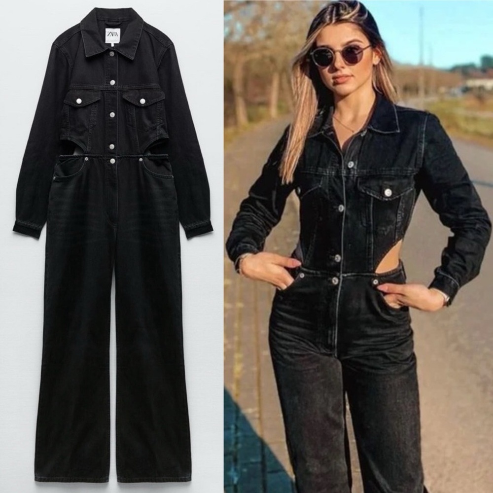 Zara Cut Out Full Length Wide Leg Collared Denim Jumpsuit Edgy Grunge Black M
